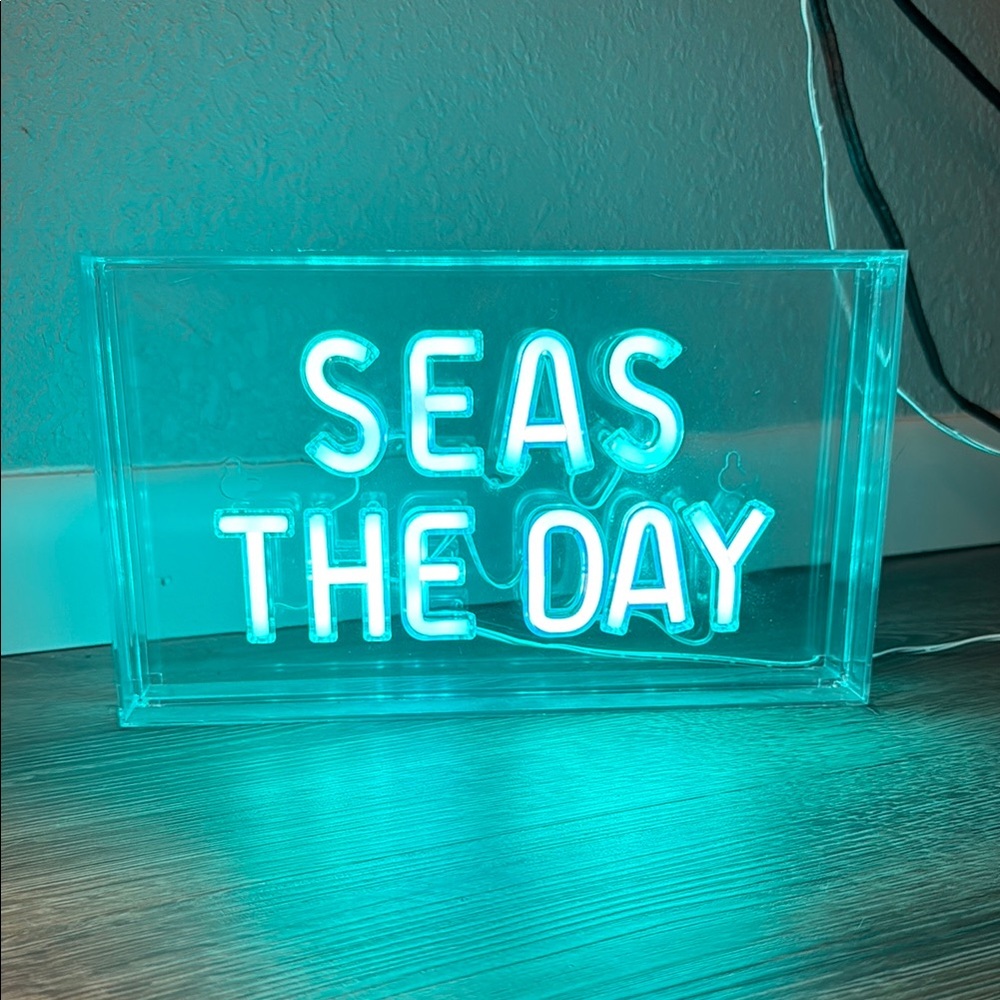 Teal Neon Sign 'Seas the Day'
